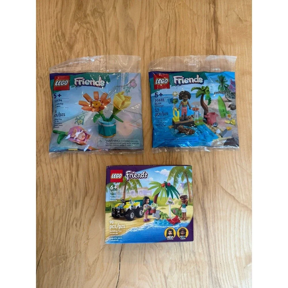 NEW Lego Lot 3 Lego Friends Sets: 30634 Flowers, 30635 Beach, 41697 Turtle Car